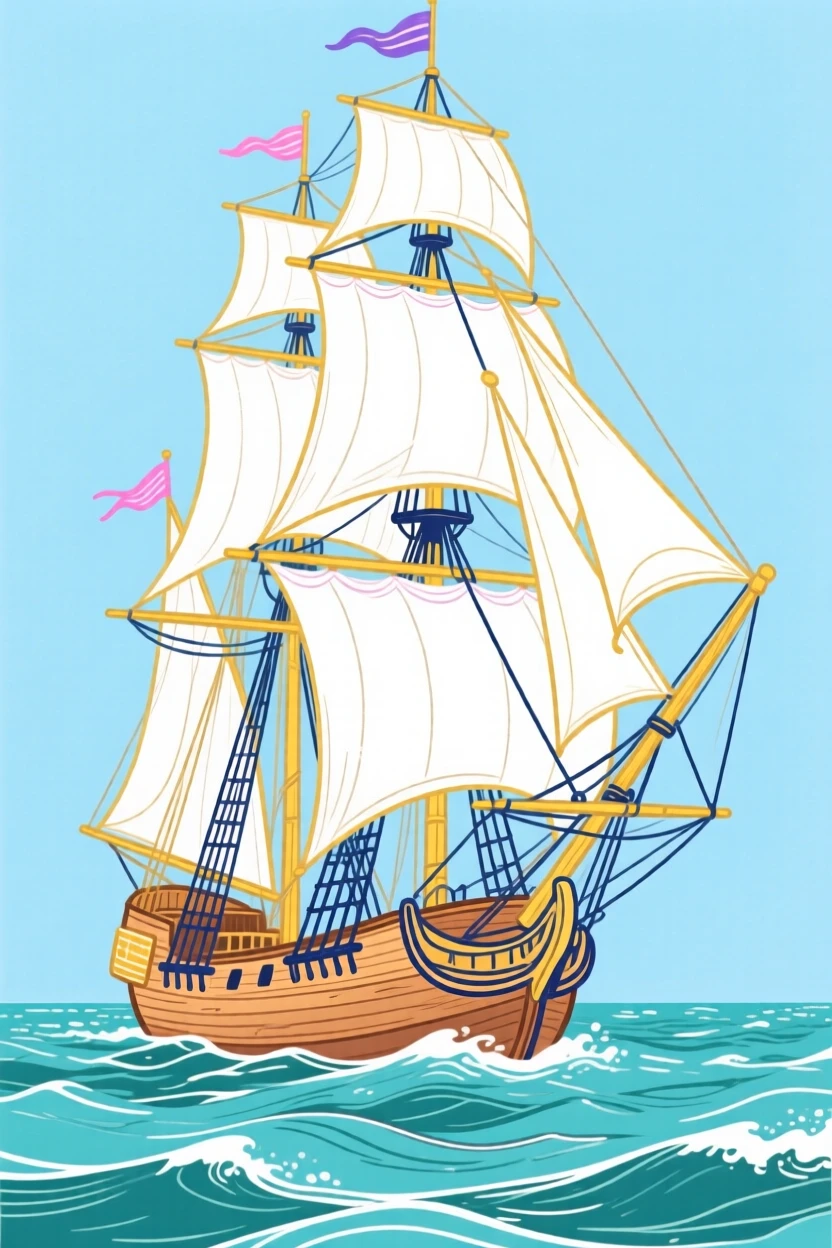 A tall ship with full sails crossing the open ocean.