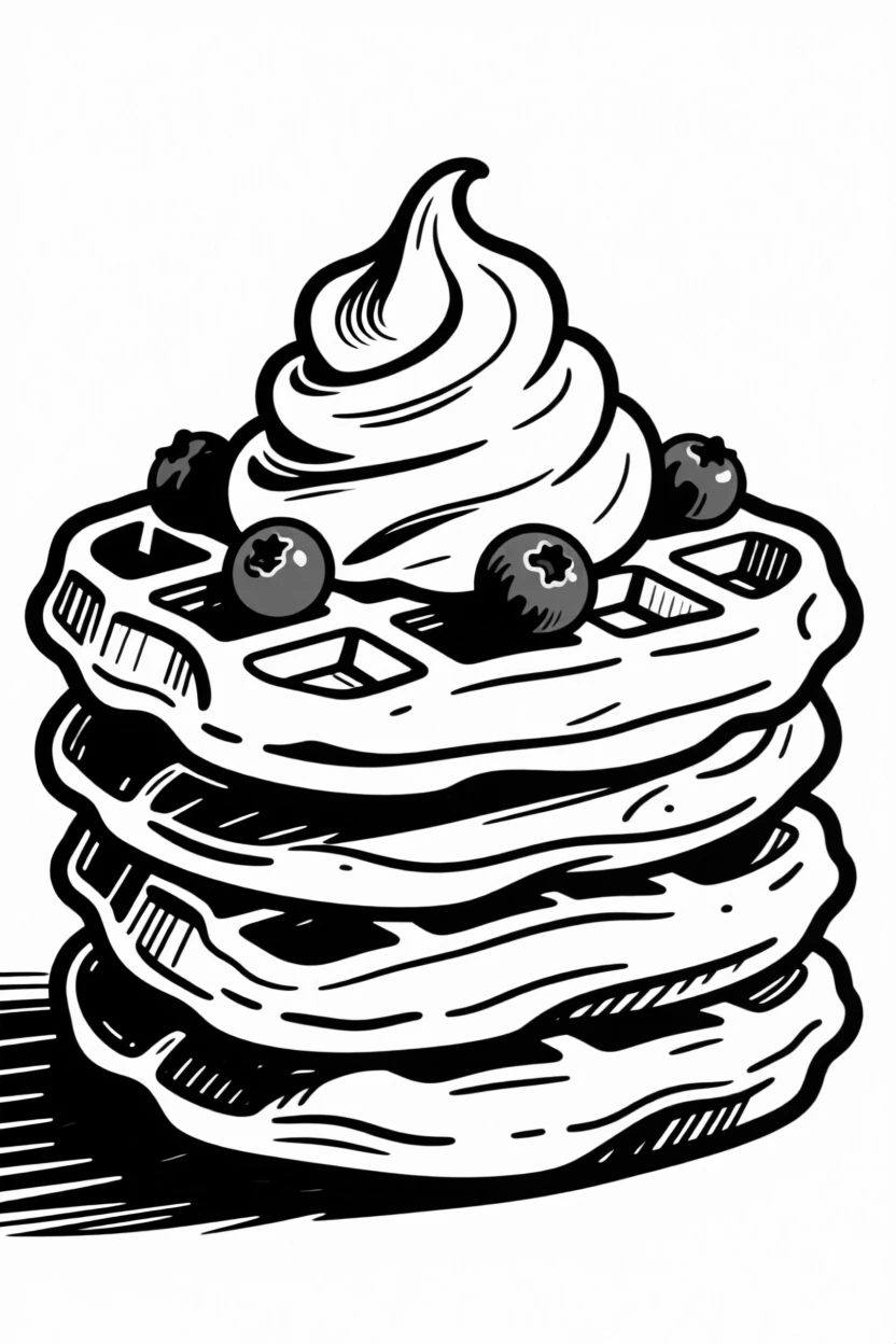 A stack of waffles with whipped cream and fresh blueberries.