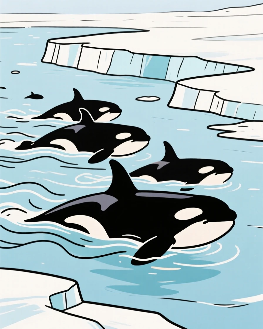A pod of orcas swimming together near an icy coastline.