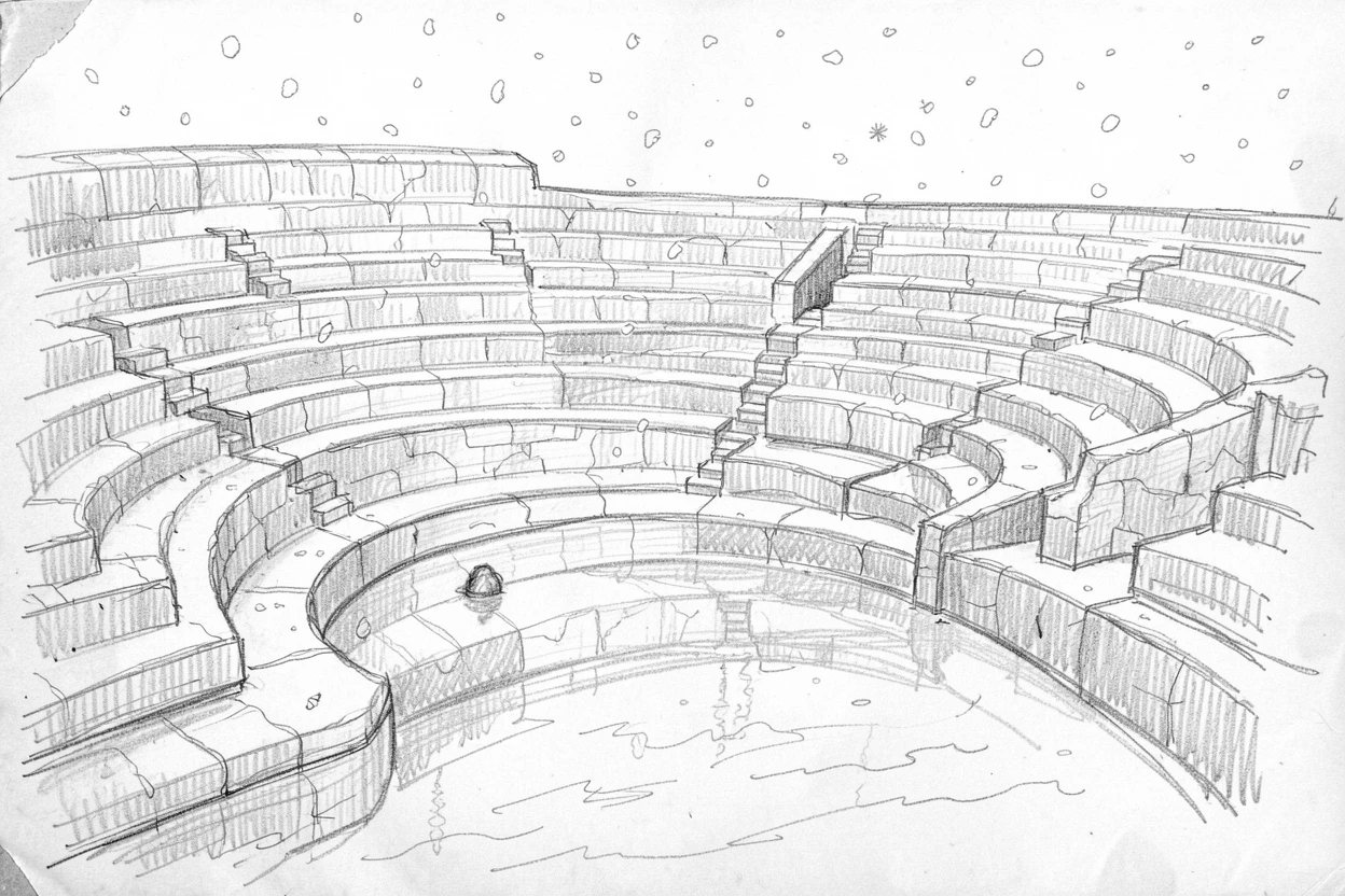 A stunning view of an ancient stone amphitheater in gentle falling snow, with reflections shimmering in a nearby canal.