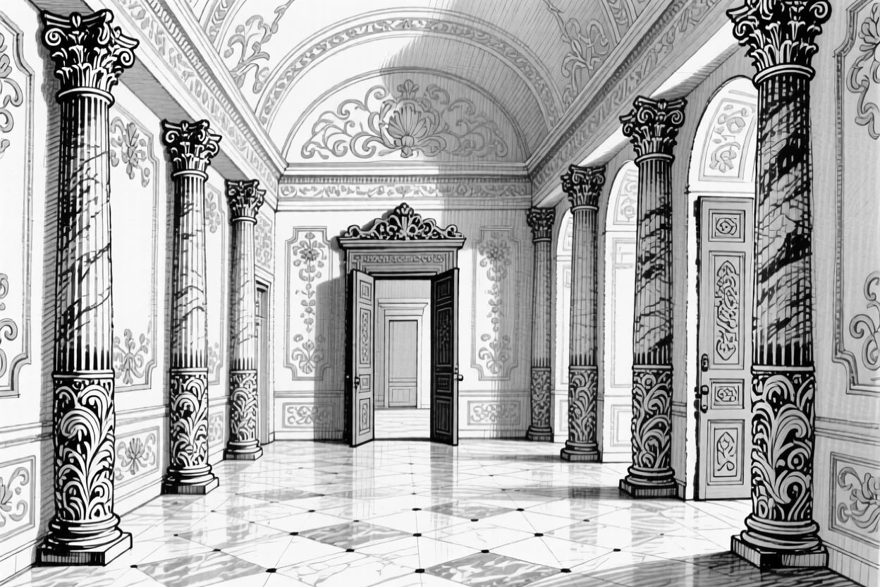 A grand palace hall lined with ornate columns and gilded decorations.