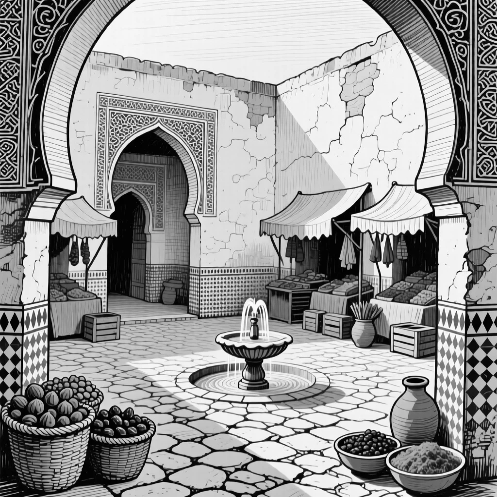 A moroccan courtyard with arched doorways on a quiet early morning, featuring market stalls tucked into the corners, rendered in a warmly nostalgic architectural composition.