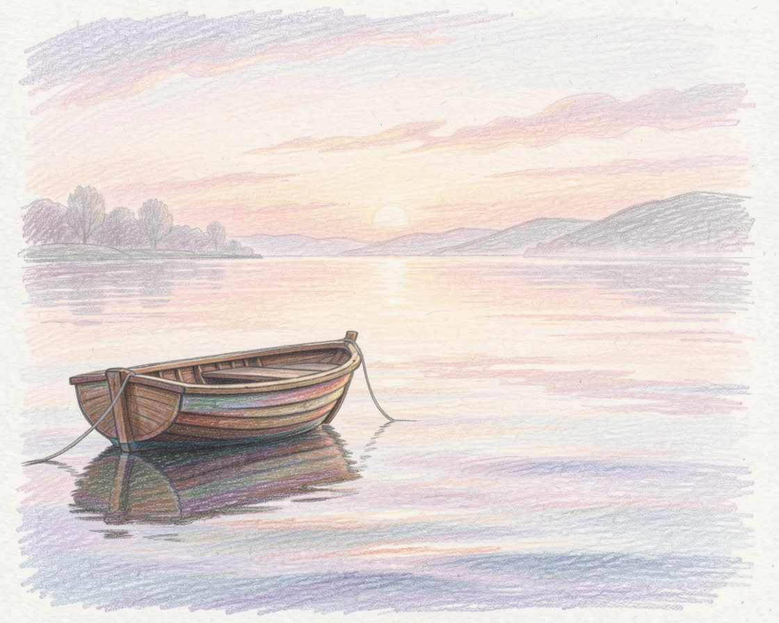 A small boat anchored in a calm, glassy harbor at dawn, framed to draw the eye toward quiet, open space, celebrating stillness, simplicity, and inner peace.
