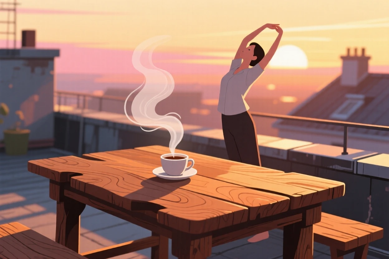 A quiet moment of stretching on a rooftop at sunrise, placed on a rustic wooden table with warm tones, arranged with soft curves and gentle organic lines, with subtle steam rising to add a warm, lived-in feel.