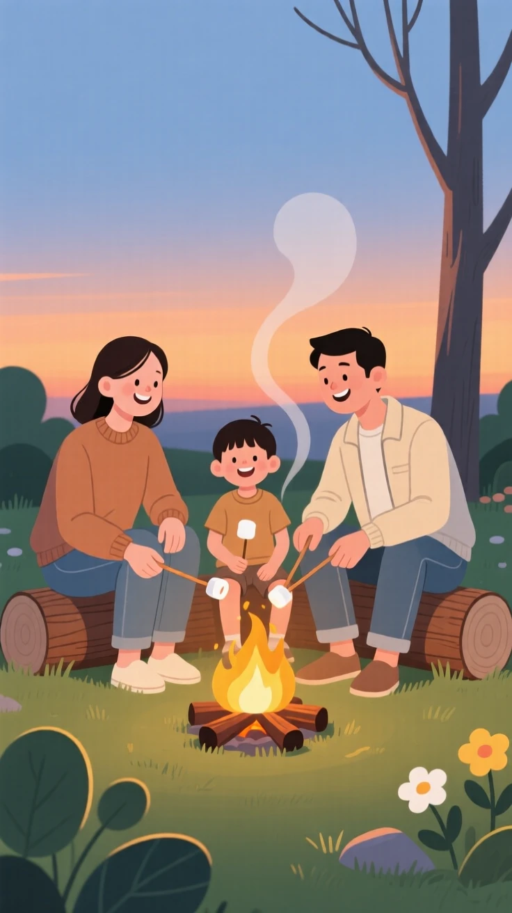 A family roasting marshmallows together in the garden.