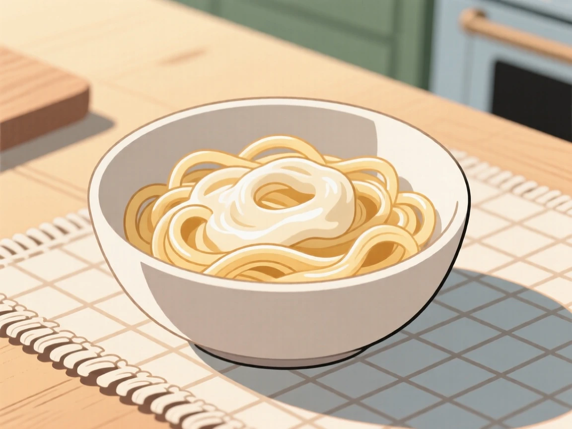 A close-up of bowl of creamy pasta arranged beside a woven placemat in a sunny farmhouse kitchen, full of fresh vibrance.