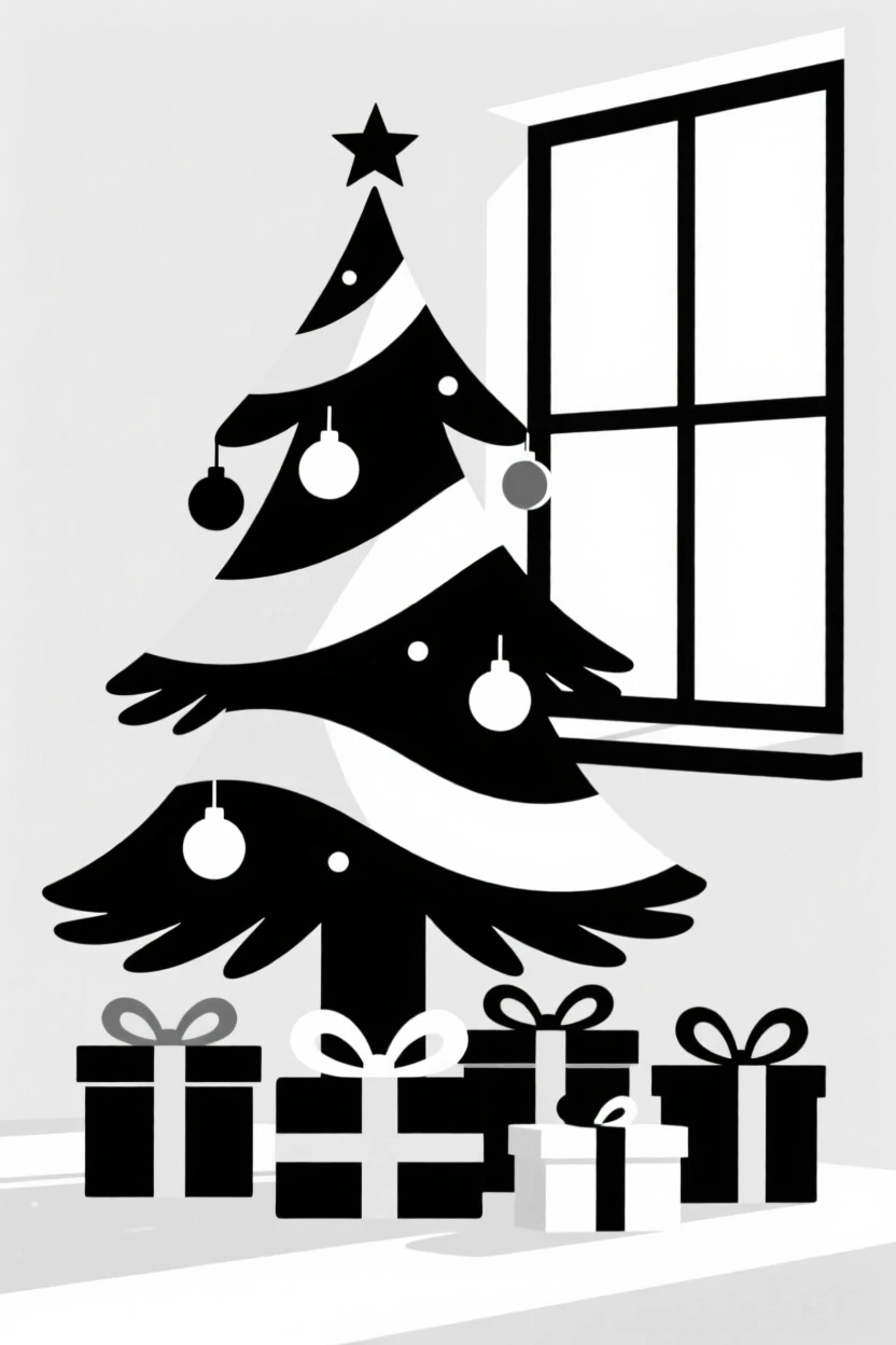 A Christmas morning scene with gifts under a tree.