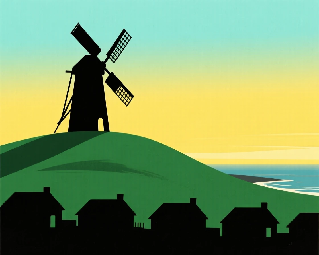 A lone windmill standing on a green hill above a quiet coastal village.