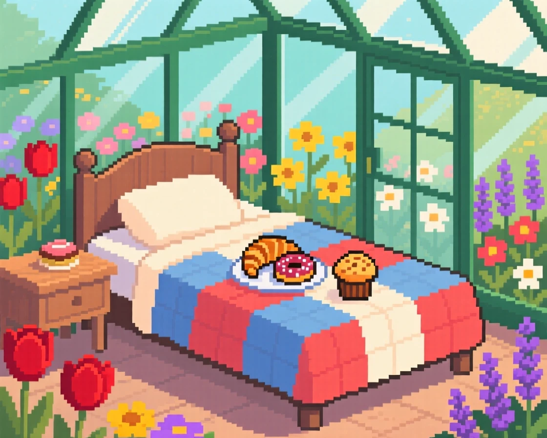 A quilt-covered bed set with a plate of fresh pastries, in a greenhouse full of blooming flowers.