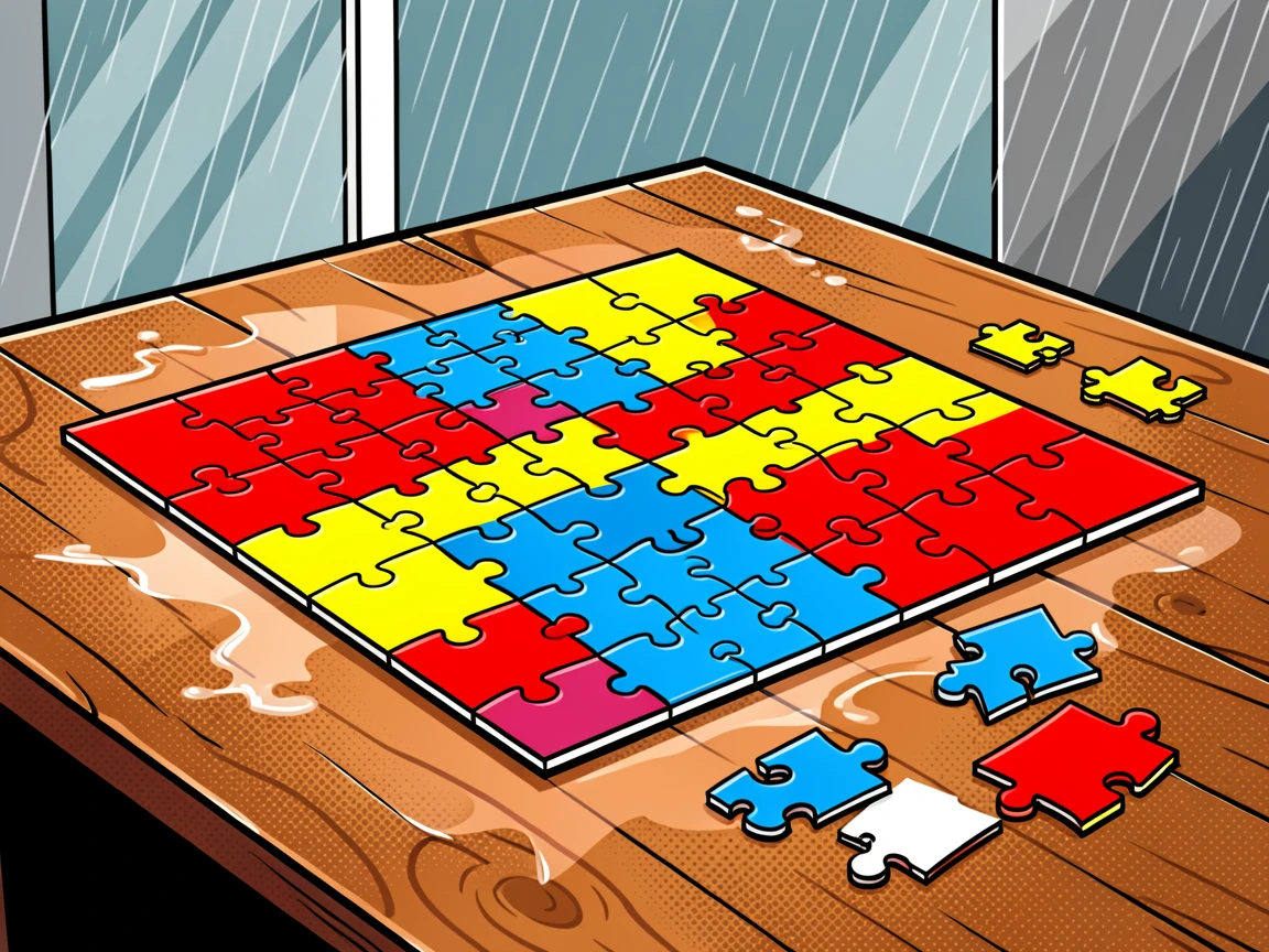 A puzzle nearly complete on a rainy afternoon table