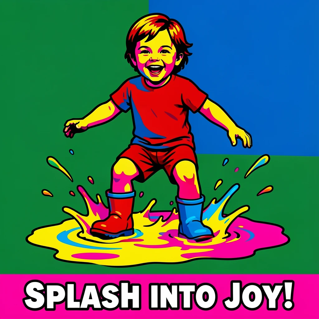 Child splashing in rain puddles with boots