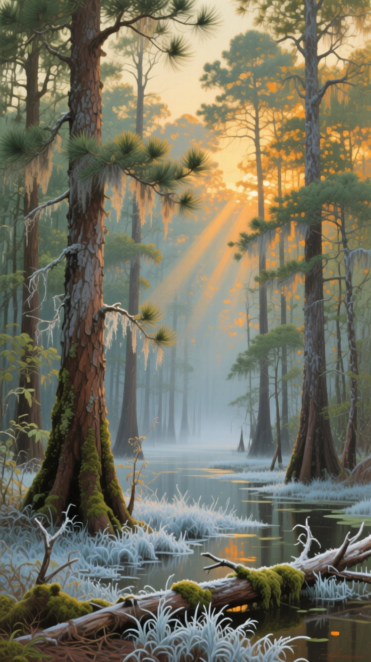 A sweeping wide shot of a dense pine forest with shafts of light breaking through the canopy, in the Louisiana bayou, at the start of a humid summer, beneath fresh fallen frost.