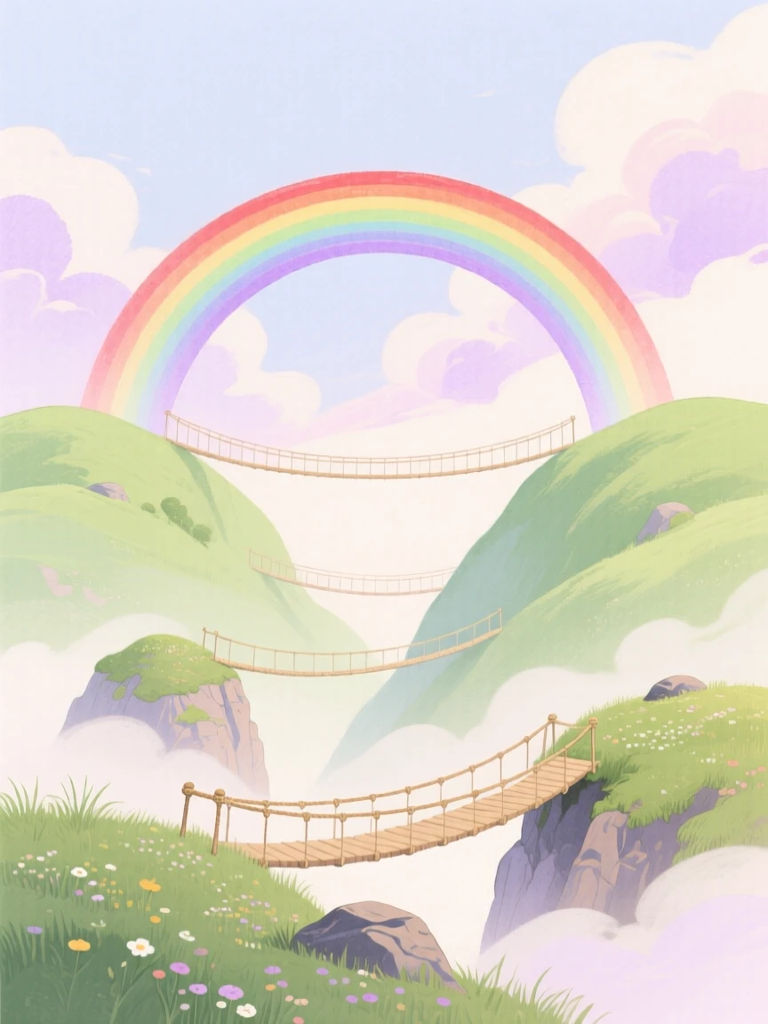 A dreamlike scene of a rainbow bridge between hills, connected by delicate rope bridges, inviting quiet wonder and imagination