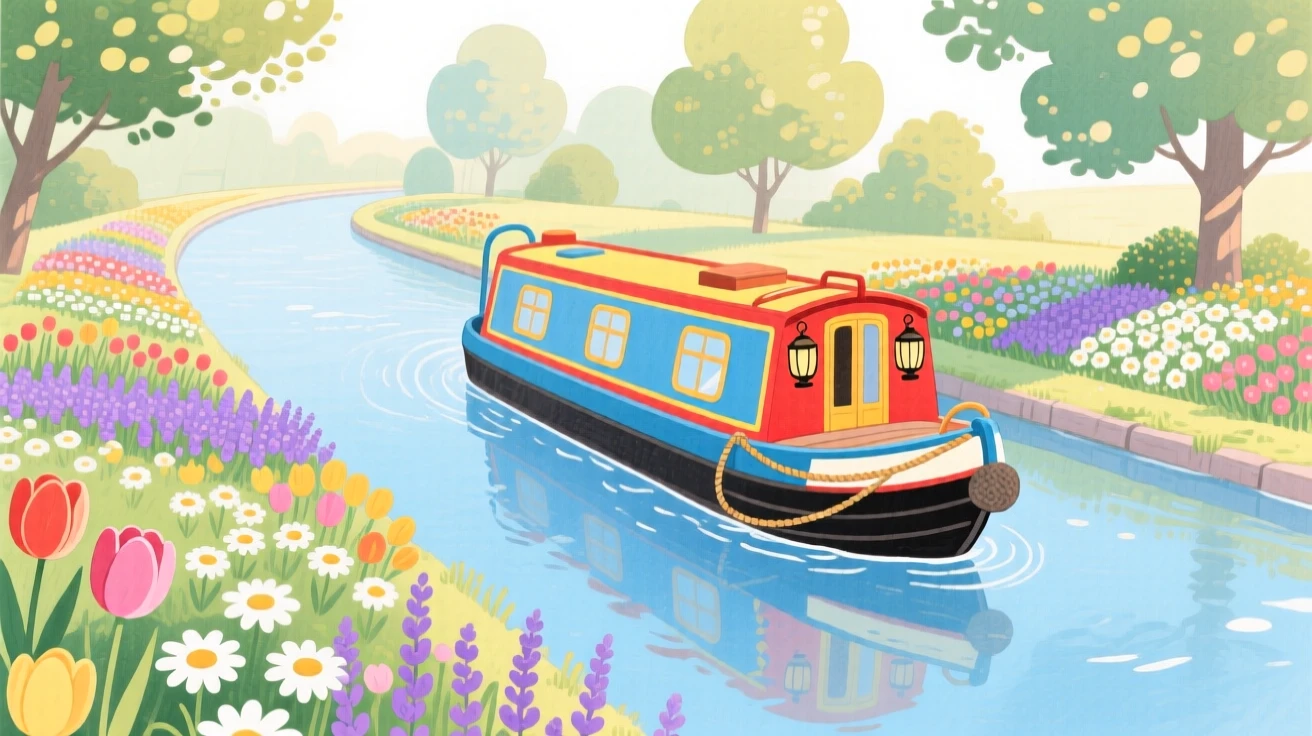 A charming scene of a canal boat drifting past flower-lined banks.