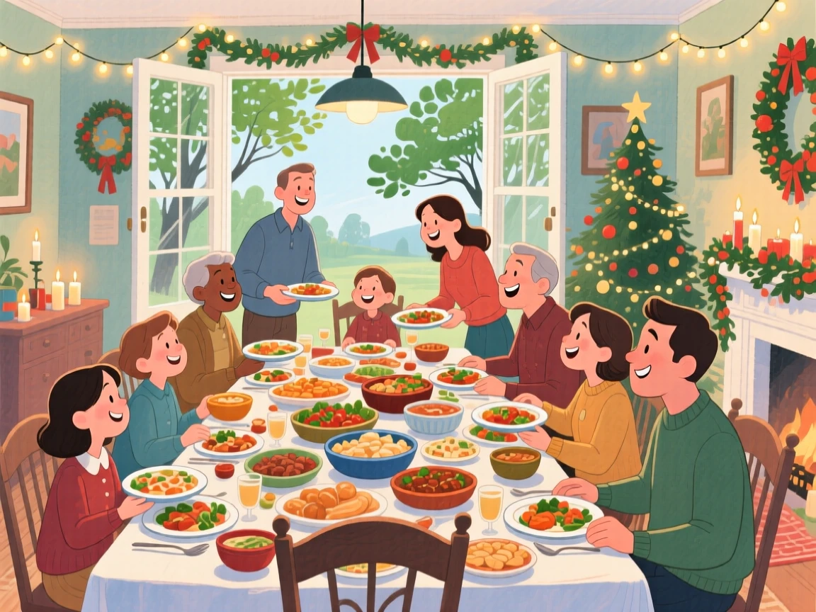 A big family gathered for a holiday dinner passing dishes around the table, in a festively decorated dining room, with a gentle breeze rustling nearby trees, gratitude and warmth of togetherness.