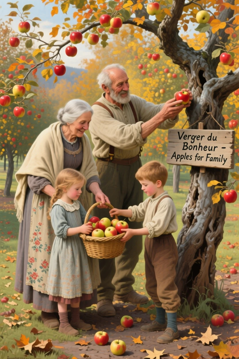 Grandparents and grandchildren picking apples together in an orchard, captured in a candid, unposed moment of togetherness, capturing an everyday moment that feels timeless and precious