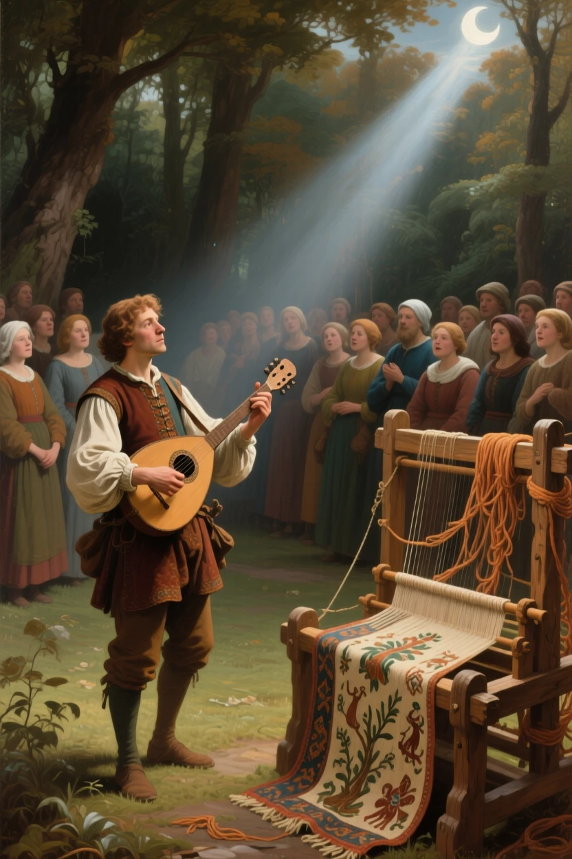 A traveling minstrel performing before a gathered village crowd as if pulled directly from a cherished tale, set within an enchanted forest clearing bathed in soft light, with an old wooden loom, tangled threads, and a half-finished tapestry; a diagonal beam of moonlight highlights the pivotal narrative moment, radiating whimsy touched with gentle melancholy.
