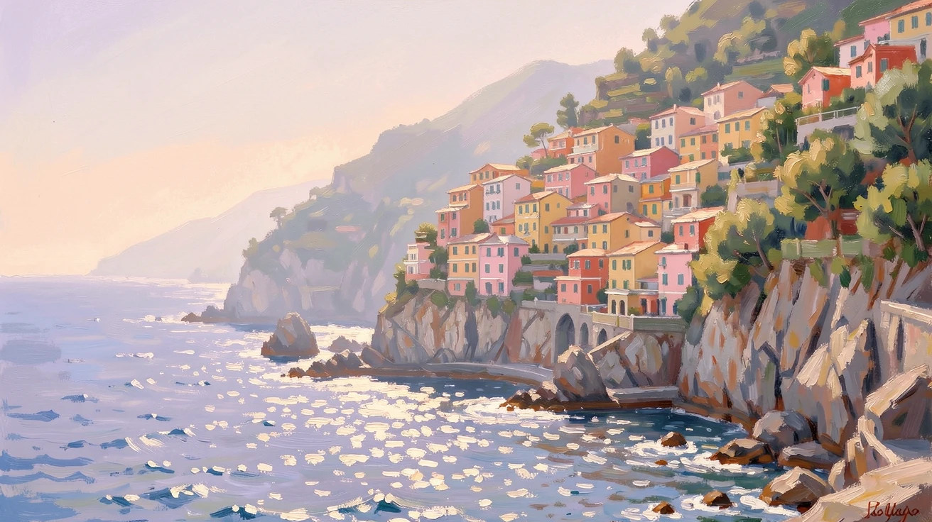 The colorful houses of Cinque Terre clinging to a cliffside above a sparkling Italian coastline.