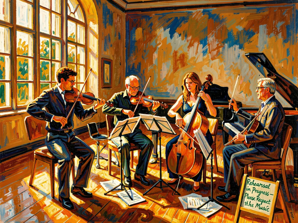 A group of musicians rehearsing together in a sunlit rehearsal hall.