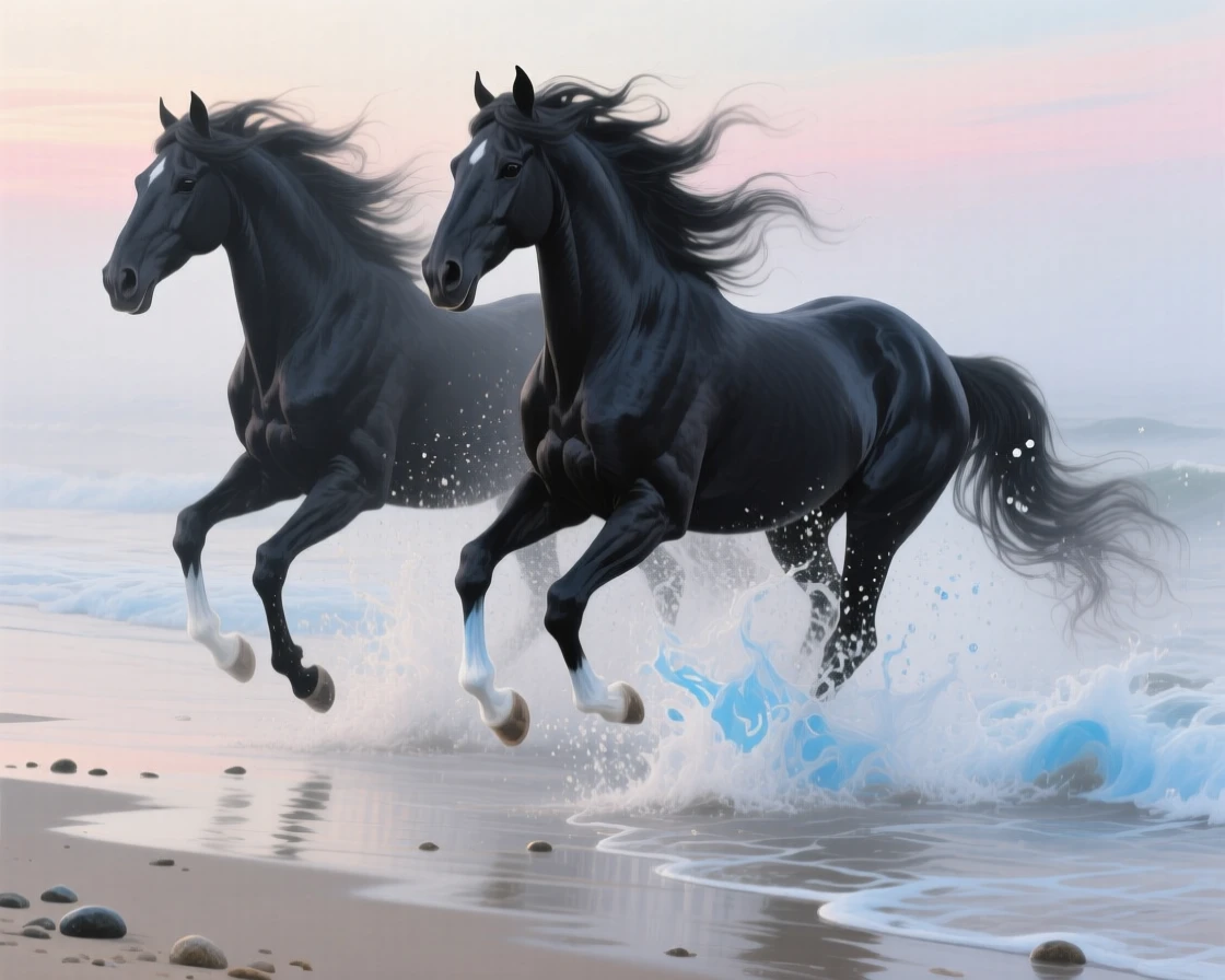 A pair of majestic Friesian horses run through shallow surf on a foggy beach, their black manes flying as spray kicks up around their legs, small details in its fur or feathers catching the light with remarkable clarity.