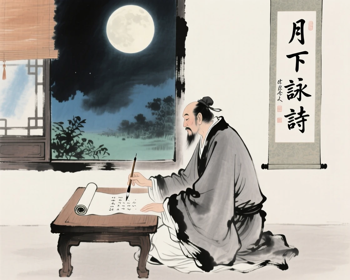 A scholar seated at a low table composing poetry beside an open window, under a full moon.