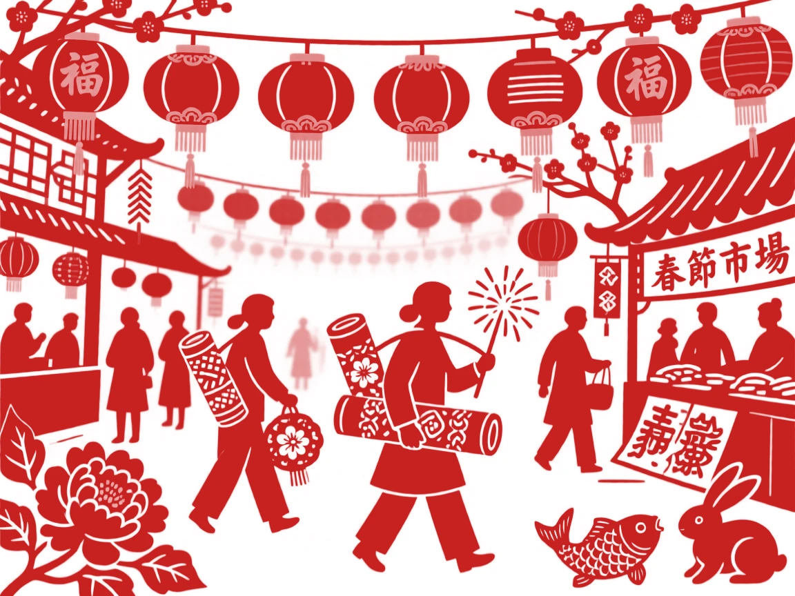 A market street decked with rows of red lanterns and gold tassels ahead of Spring Festival, shoppers carrying bundles of fireworks and paper cuttings for their windows