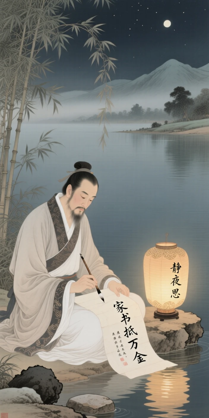 A lantern maker writing a letter home by lamplight at the edge of a quiet lake