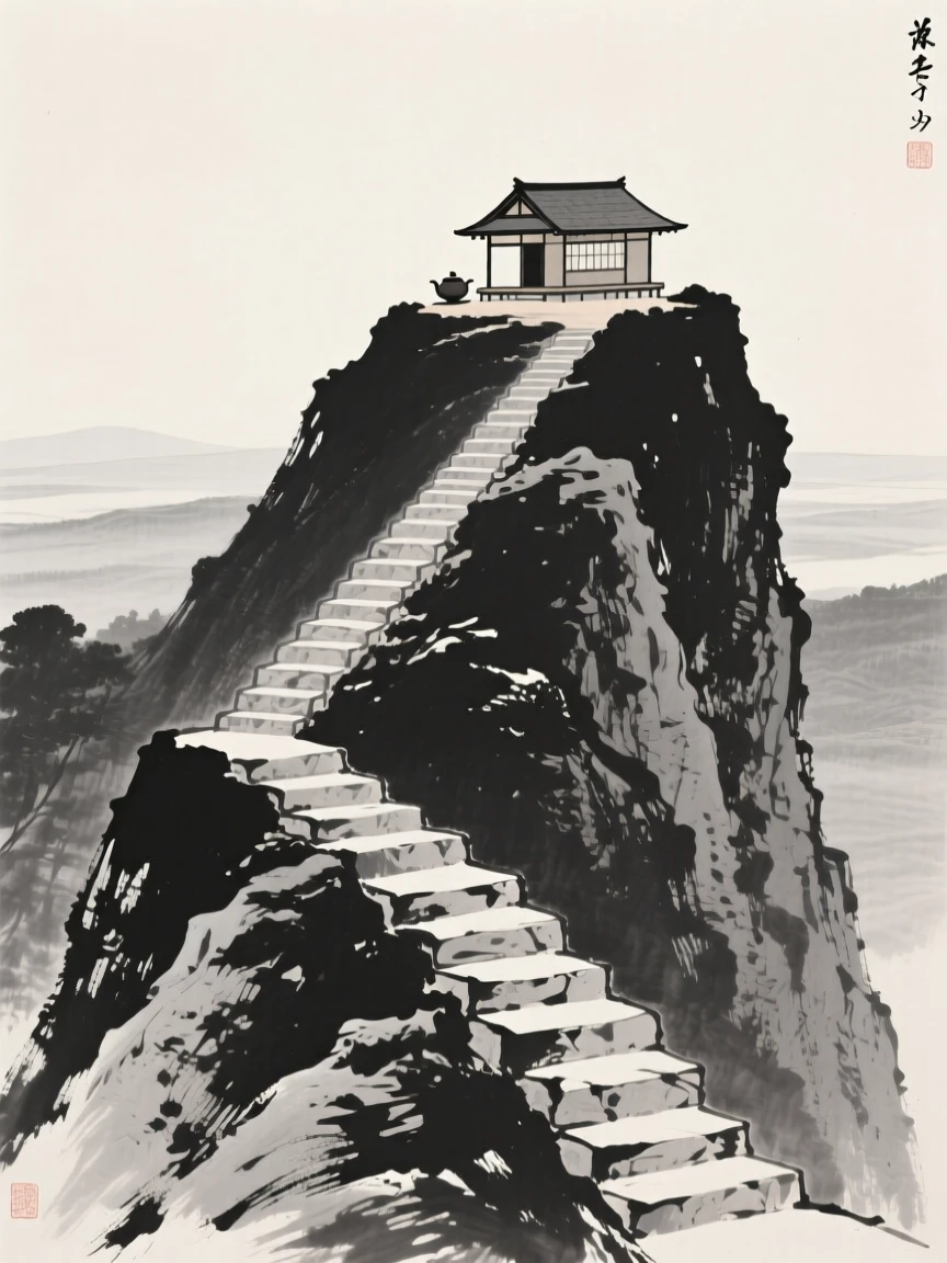A quiet tea house at the top of a long stone staircase, captured from a distance, small against a vast landscape, carrying a sense of sacred stillness.