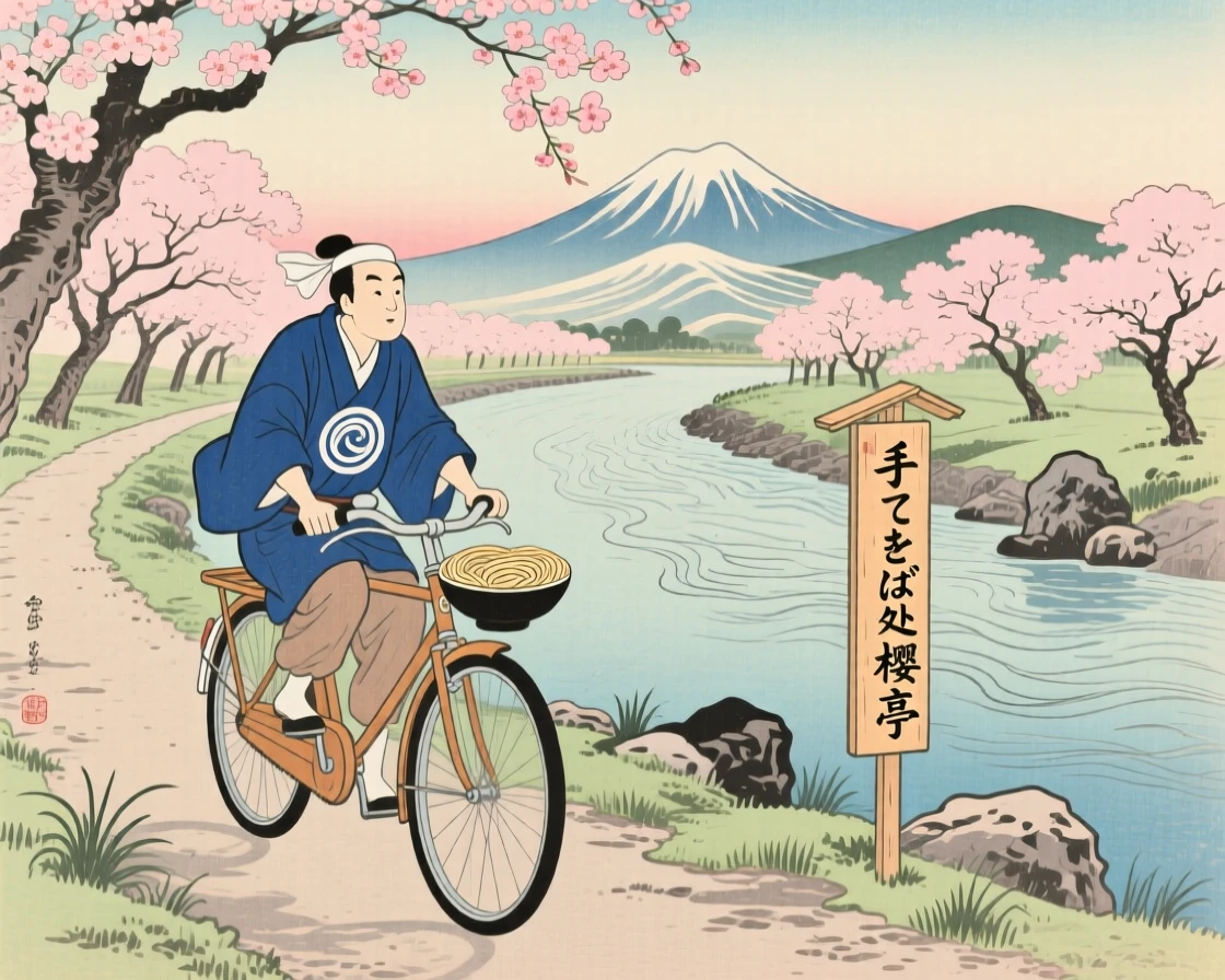 A noodle chef riding along a scenic cherry-lined riverside path.