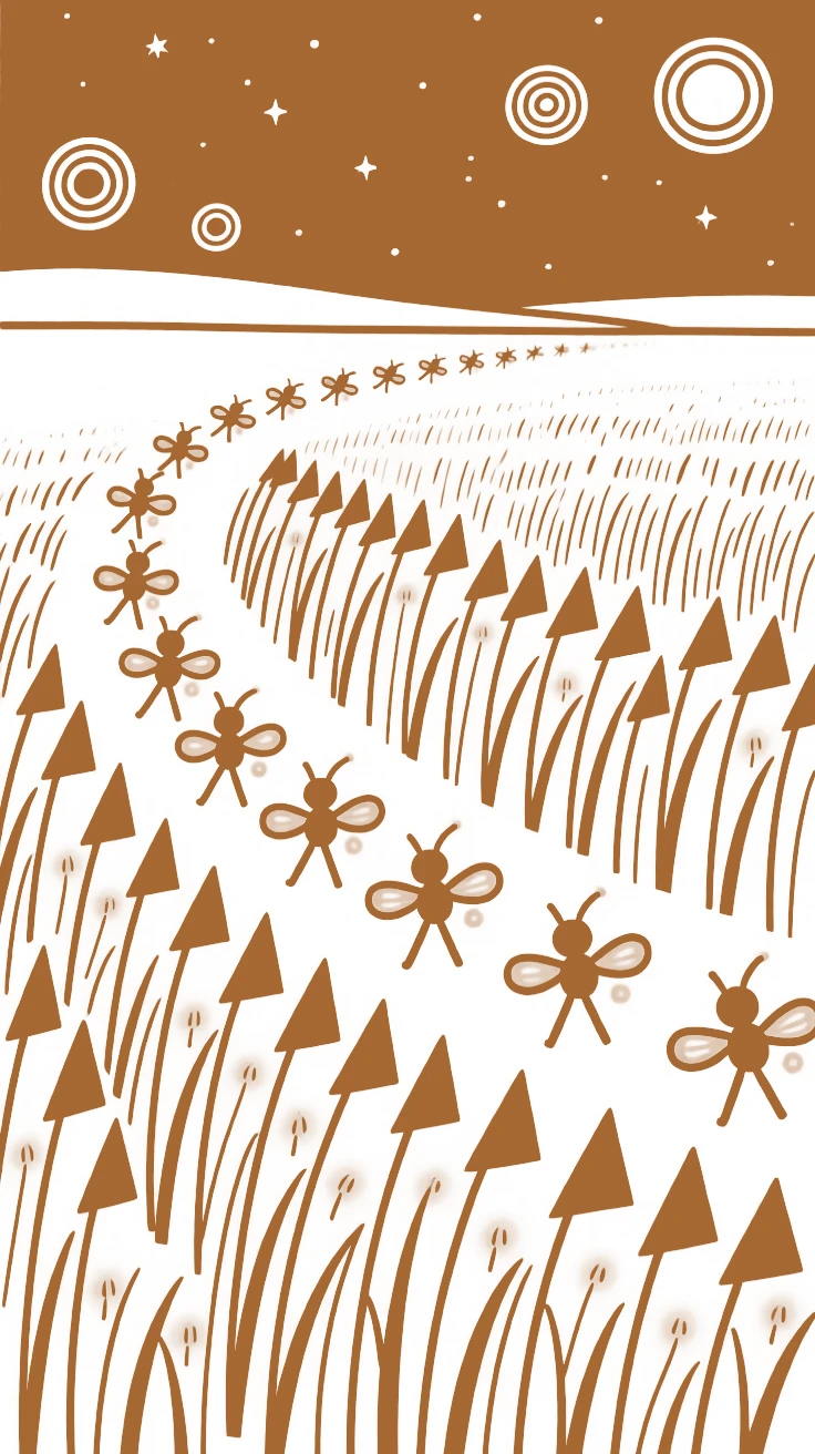 A swarm of fireflies crossing a field of tall grass.