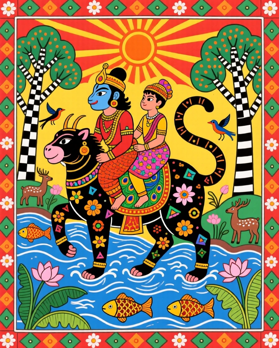 Hanuman carrying Rama and Lakshmana across a swollen river.