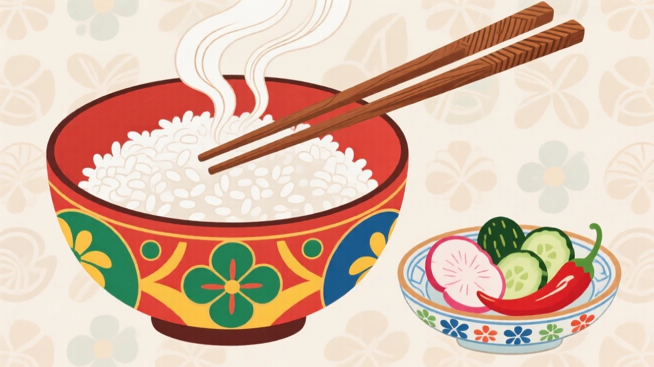 A pair of chopsticks resting across a bowl of steaming rice beside a small dish of pickles.