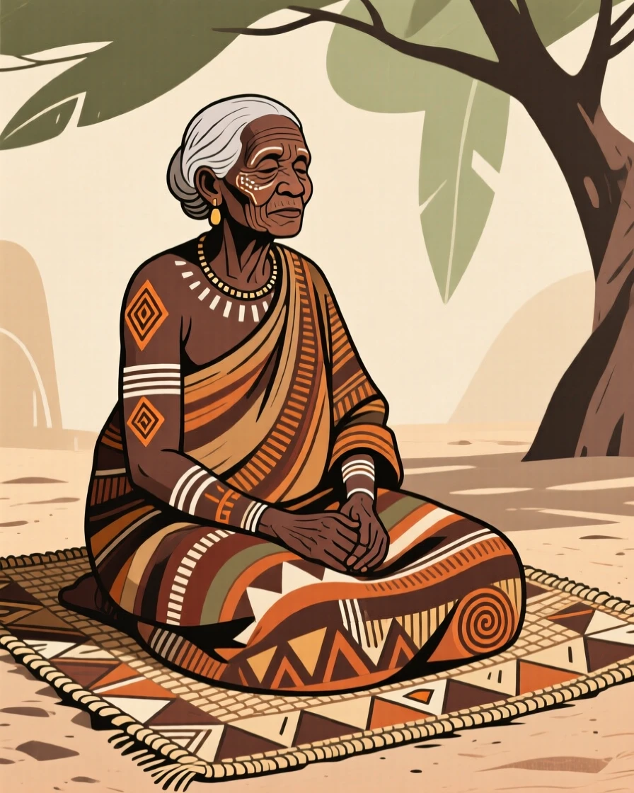 A gentle old woman sitting on a woven mat in the shade.