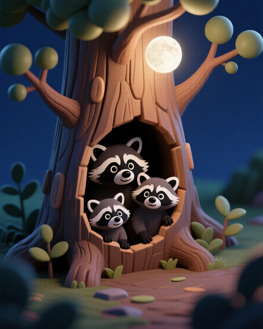 A curious raccoon family peeking out from a hollow tree trunk, moonlight filtering through the branches above.