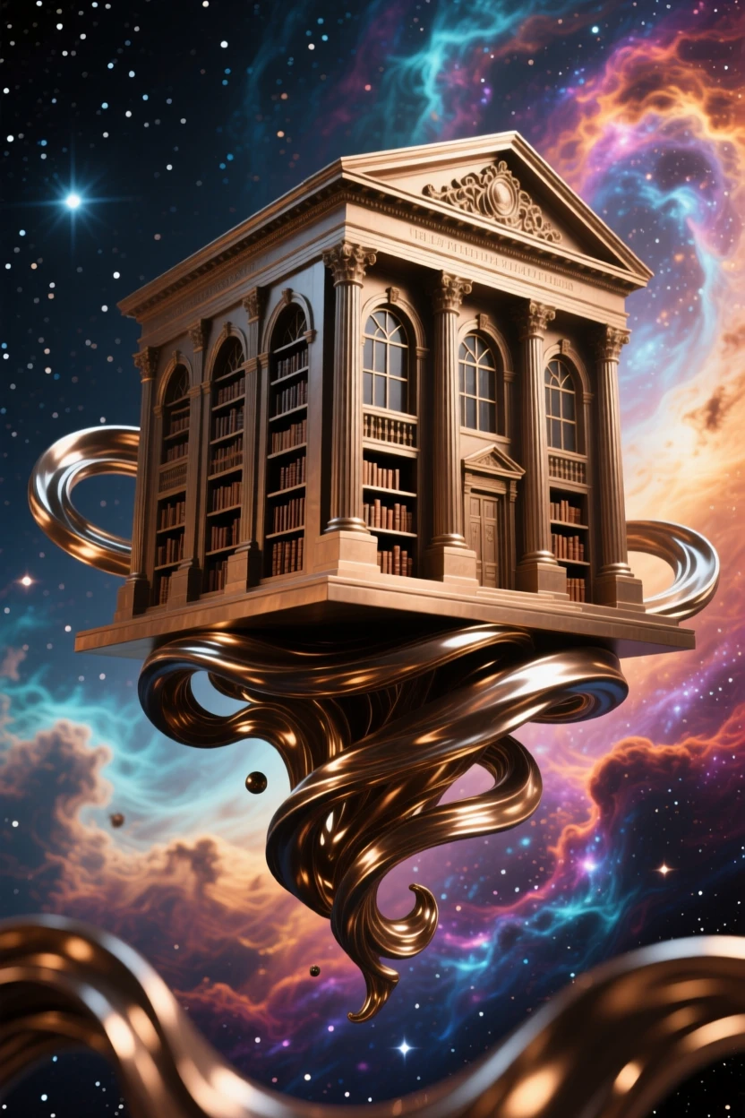 A floating library drifting through a nebula, with swirling energy and radiant color, transporting the viewer to another world
