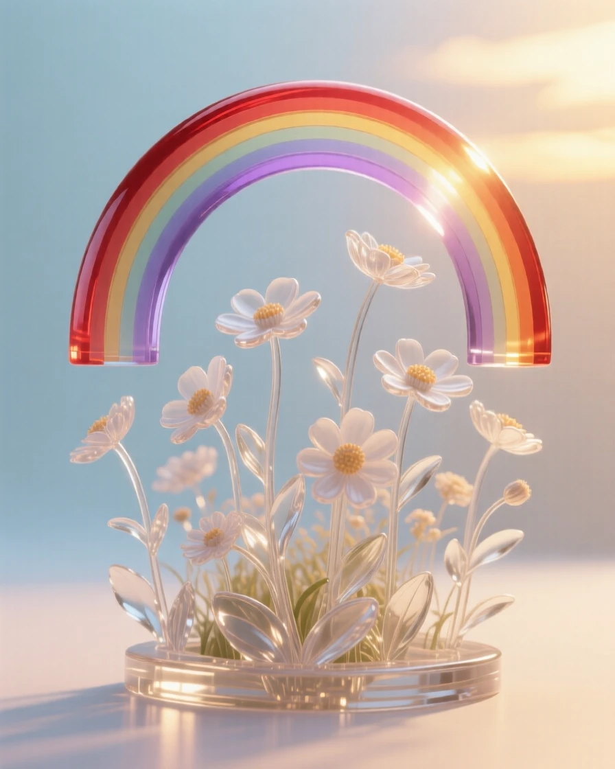 A field of wildflowers beneath a rainbow, captured in soft golden light with layers of atmospheric depth, evoking peace and quiet grandeur.