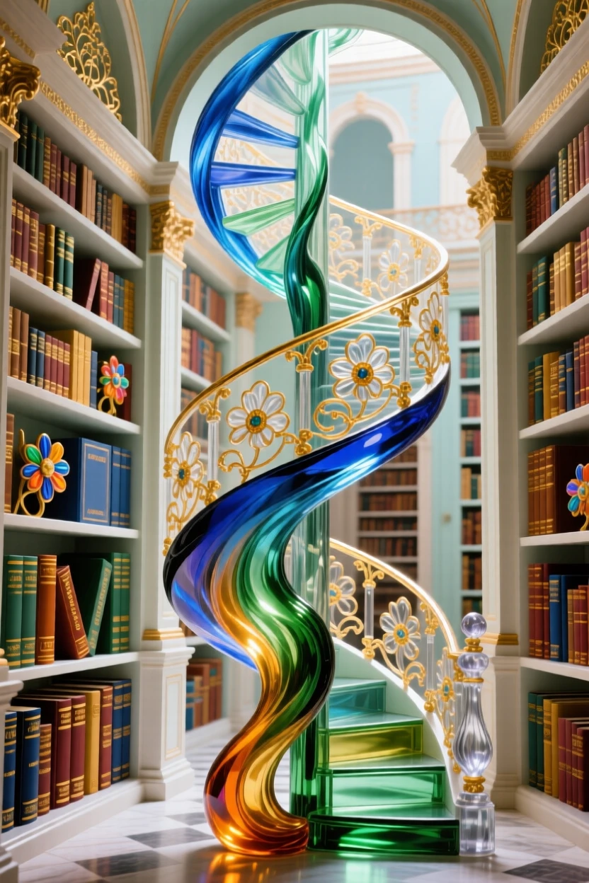 A grand library with towering bookshelves and a spiral staircase, timeless and inspiring.