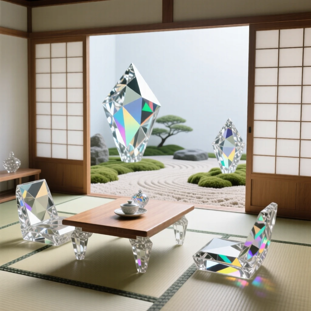 A minimalist Japanese tea house interior with tatami mats and a view of a raked zen garden.
