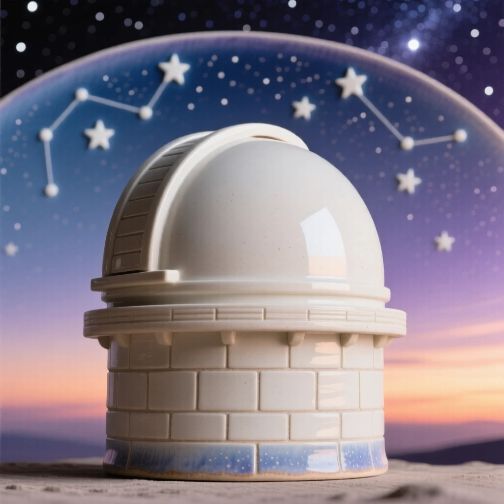 A domed observatory beneath a starry sky captured in the soft glow of sunset, its silhouette sharp against a colorful sky, evoking timeless wonder and quiet grandeur.