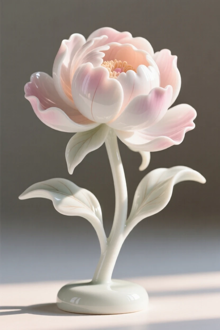 A single peony opening at first light, glowing softly in gentle morning light.