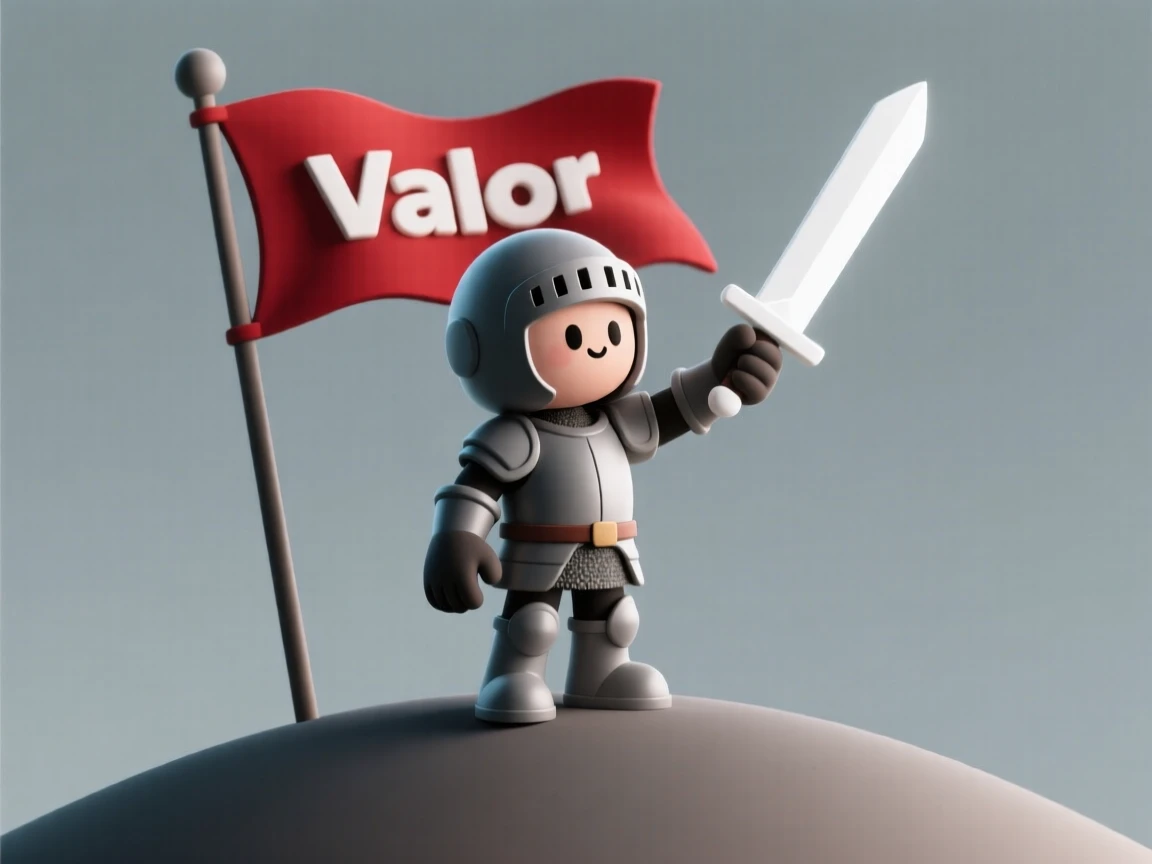 A determined knight raises a gleaming sword high atop a hilltop, banner snapping in the wind behind him.