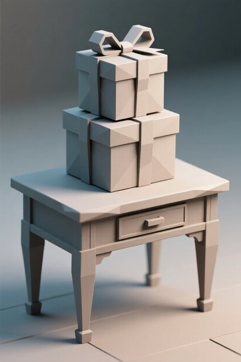 A stack of wrapped gifts tied with ribbon, on an antique writing desk. fine textures and material details are clearly visible. The scene feels nostalgic and quiet.