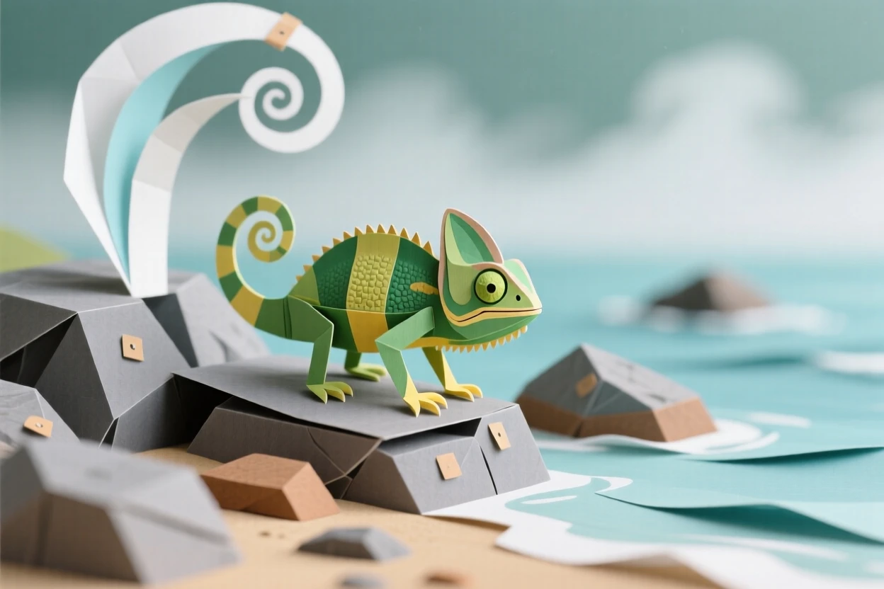 A tiny chameleon playing along a rocky shoreline, with mist rising gently in the background, capturing playful joy and warmth.