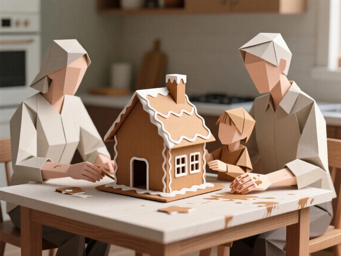 A family decorating a gingerbread house together at the kitchen table, icing smudged on fingers.