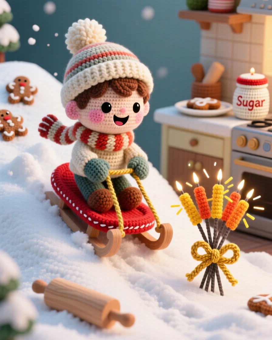 a small boy sledding down a snowy hill, with cheeks flushed from the cold, is shown laughing as the sled speeds downhill in a warm kitchen filled with holiday baking smells beside a bundle of sparklers ready to light, capturing playful delight in seasonal change.