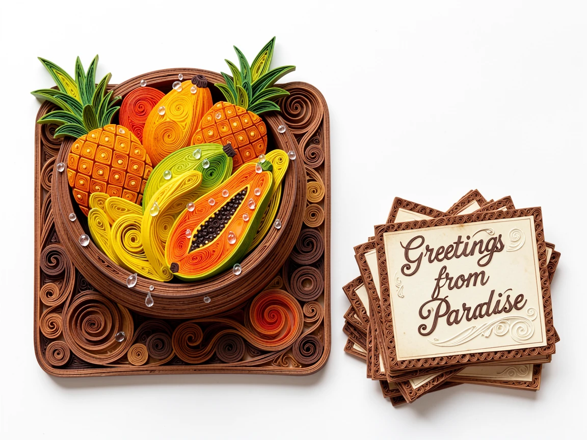 a wooden bowl piled high with fresh tropical fruit, on a tray beside a stack of vintage postcards, arranged in an appetizing overhead flat-lay composition, with glistening droplets of morning dew.