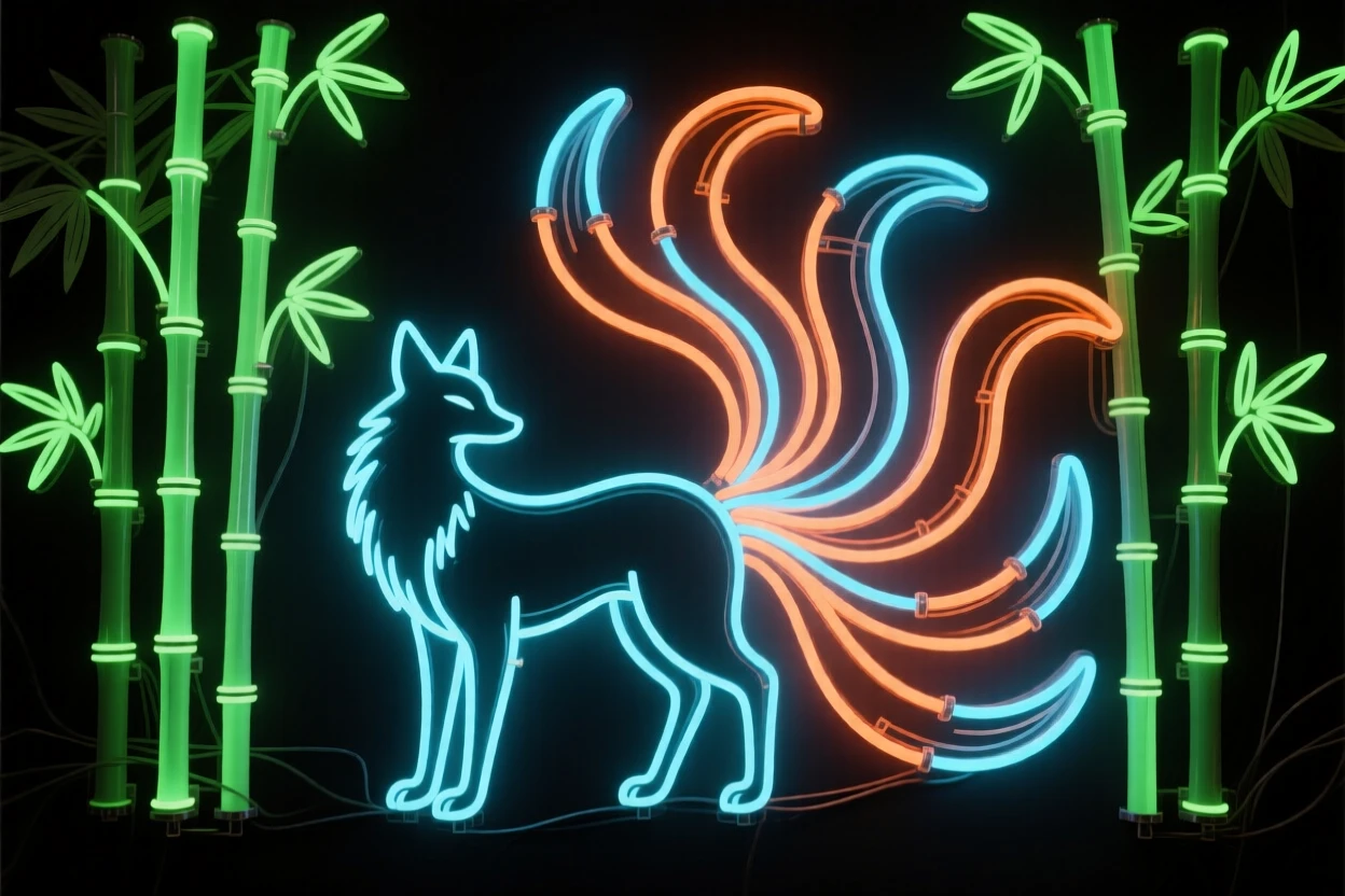 A shapeshifting spirit fox with nine tails standing in a bamboo grove.