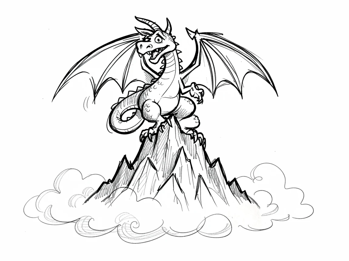 A dragon perched atop a mountain peak on an island surrounded by fog.