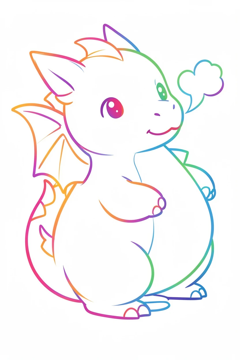 A pudgy little dragon blowing a small heart-shaped puff of smoke.