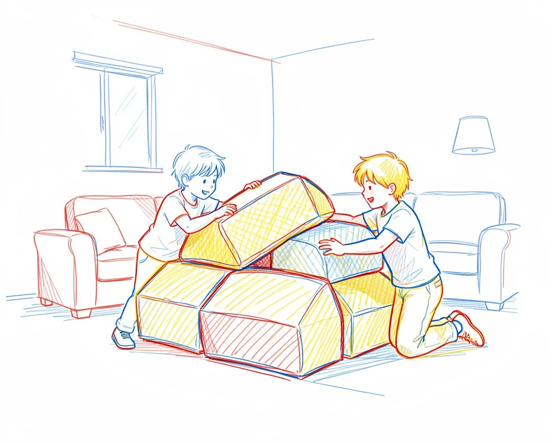 Siblings building a fort out of couch cushions in the living room